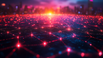 Poster - AI network nodes create a glowing web connecting continents with bright lights against a vibrant sunset backdrop