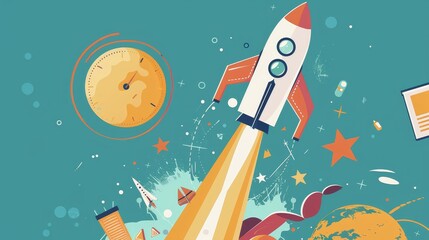 Wall Mural - rocket launch illustration with space elements and clock