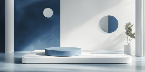 Poster - Blue and white minimalist cylinder podium displaying products in modern interior