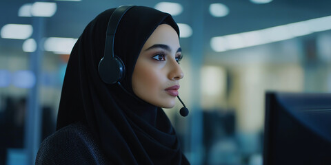 Poster - Focused muslim customer service representative working in busy office