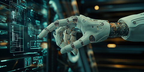 Fototapete - Robot hand interacting with futuristic interface in digital environment