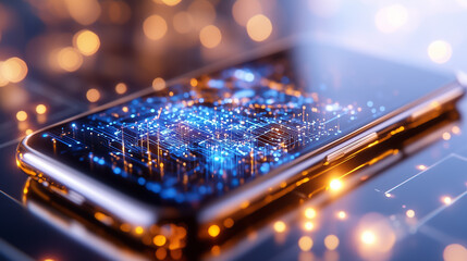 Poster - A smartphone shows a vivid hologram of a global network in a dimly lit modern workspace