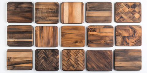 Aufkleber - Wooden coasters showing different types of wood grain and parquetry on white background
