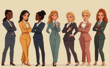 A collection of elegant businesswomen in suits, each shown in a half-turn view, displaying different gestures such as pointing