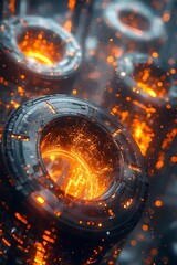 Poster - A mesmerizing close-up of futuristic, glowing technology featuring metallic structures with vibrant orange lights and intricate circuits, creating a captivating sci-fi atmosphere.