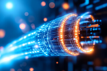 Poster - Blue light from fiber optic cables showcases their design and importance in modern communication technology
