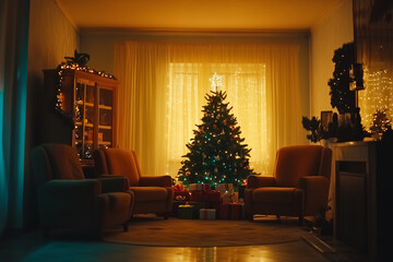 Interior of living room with armchairs, Christmas tree and glowing lights at night.