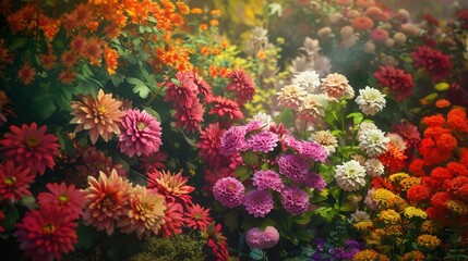 Aufkleber - The garden bursts with vibrant chrysanthemums, dahlias, and other autumn flowers, showcasing nature's beauty in a striking array of colors. Generative AI