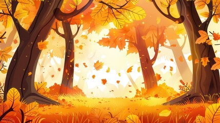 Aufkleber - Golden leaves cascade from trees, creating a magical atmosphere in the forest as the autumn season embraces nature's beauty. Generative AI