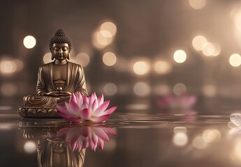 A golden Buddha statue with a pink lotus flower in the foreground, set against a dark brown and beige background with bokeh lights.