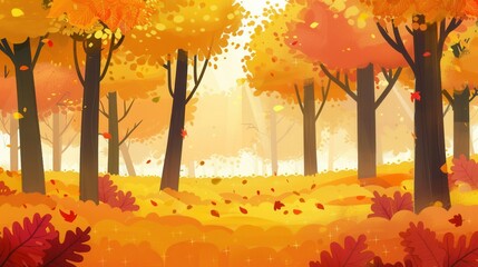 Poster - Bright fall leaves cover the ground as golden trees rise majestically in a serene forest filled with autumn beauty. Generative AI