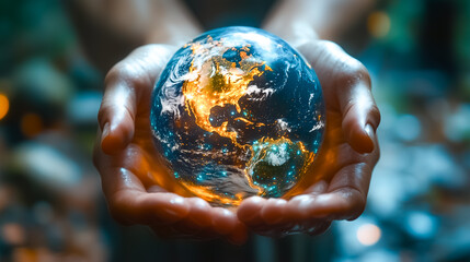 Poster - A pair of hands gently cradles a luminous holographic representation of Earth, showcasing intricate details