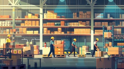 Poster - Warehouse workers are moving pallets and boxes among shelves stocked with various products, showcasing a bustling work environment. Generative AI