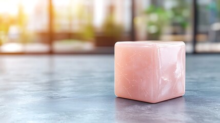 A glimmering pink crystal cube on a modern surface reflecting light in an elegant interior setting