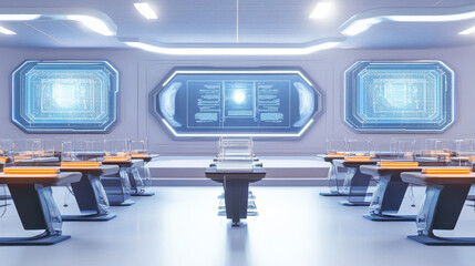 A futuristic classroom with sleek desks, high-tech displays, and a modern design, suggesting advanced learning environments.