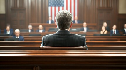 Focused representation a back view of a person in a suit in a formal setting with american flag and courtroom background