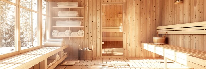 Poster - Warm sunlight filters through large windows in a traditional wooden sauna, creating a serene atmosphere with benches and towels nearby. Generative AI