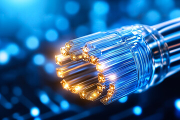 Poster - Blue fiber optic cables glow brightly, representing modern connectivity and advanced technology in the digital realm