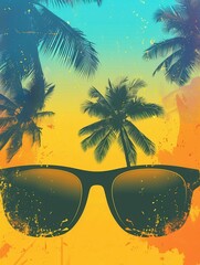 Poster - A vibrant beach backdrop features a silhouette of sunglasses framed by palm trees during sunset, creating a warm, relaxed atmosphere. Generative AI