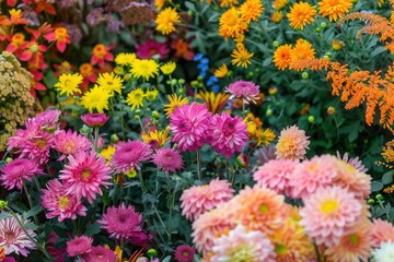 Aufkleber - A vibrant garden displays an array of blooming chrysanthemums, dahlias, and other autumn flowers, showcasing rich colors and life. Generative AI