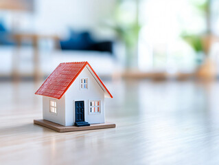 Poster - miniature house on wooden floor in bright, empty room creates serene atmosphere