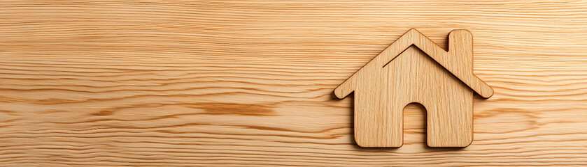 Poster - Wooden house icon on smooth wooden surface with natural shadows