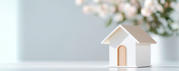 Poster - small white house model on bare desk with soft shadows creates serene atmosphere