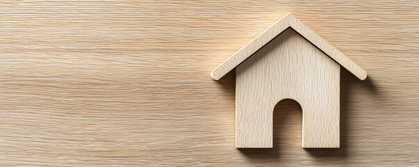 simple house icon on wooden surface, showcasing clean shadows and textures