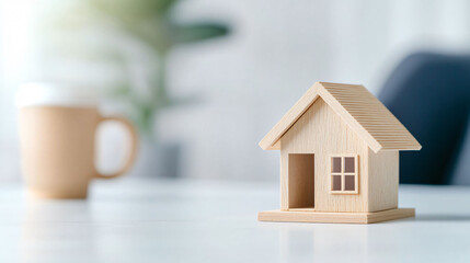 Poster - Small house model on clean white desk, minimalist design, evokes warmth and comfort
