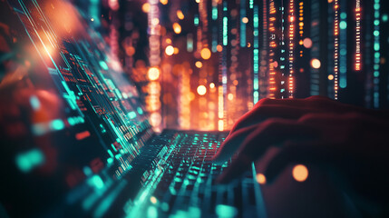 Fototapete - A person typing on a laptop with vibrant data streams illuminating the workspace at night