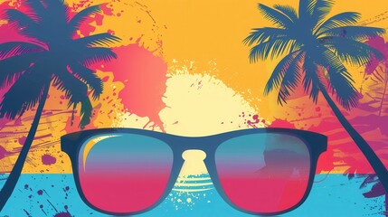 Poster - A pair of sunglasses stands out against a vibrant beach background featuring palm trees and a colorful sunset. Generative AI