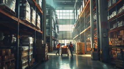 Aufkleber - Two workers are moving boxes and pallets in an active warehouse, surrounded by shelves brimming with various goods. Generative AI