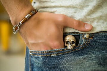 Close-up of a hand in a pocket holding a small skull ornament, showcasing a unique fashion statement.