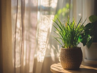 Bright Daylight Streaming In Through Window, Plant in Woven Basket