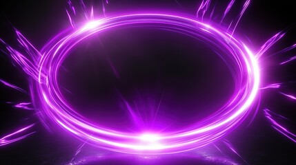 Poster - Abstract glowing neon purple light ring with dynamic energy effects and sparks on a dark background. The circular frame creates an intense, futuristic aura with a vibrant, empty center, ideal for digi