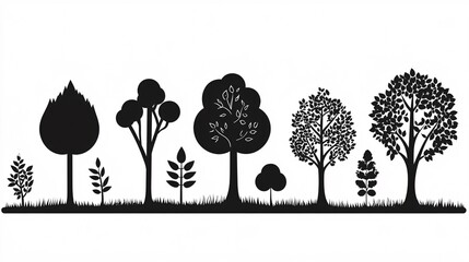 2410_032.monochrome tree growth stages, simple vector icons, nature development timeline, seed to forest symbolism, flat design aesthetic, eco-friendly concept illustration