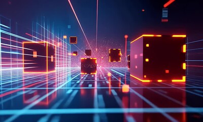 Poster - abstract digital background with glowing data streams and floating cubes, representing the future of