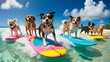© Diamond Fuji - 色とりどりのサーフボードで波を楽しむ、元気いっぱいのサーフィン犬たちのアクションショット