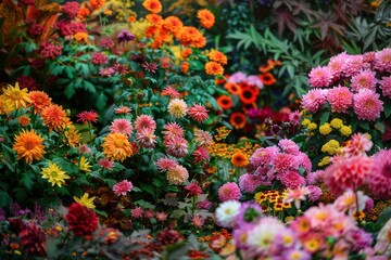 Aufkleber - Explore a stunning autumn garden filled with blooming chrysanthemums, dahlias, and a variety of colorful flowers creating a lively atmosphere. Generative AI