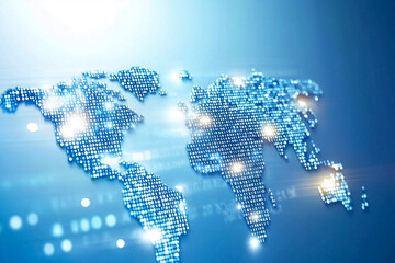 Poster - An abstract visualization illustrates a world map crafted from luminous binary code, symbolizing digital connectivity