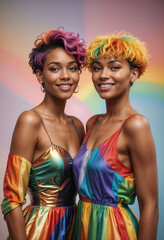 closeup portrait of two fashionable joyful black woman with short haircut and rainbow hair  in rainbow dress on pure rainbow  background cinematic light