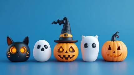 3D Halloween elements set. carved pumpkin, white scary ghost, black evil cat.