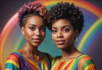 closeup portrait of two fashionable joyful black woman with short haircut and rainbow hair  in rainbow dress on pure rainbow  background cinematic light