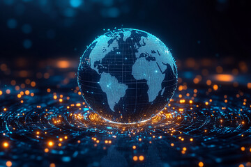 Poster - The globe displays a network of lights and lines, symbolizing global digital connections in a sleek, dark setting
