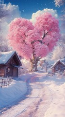 A charming snowy landscape featuring a heart-shaped pink tree and rustic cabins, evoking a sense of winter romance and tranquility.