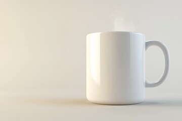 A steaming white coffee mug sits on a light background, creating a warm and inviting atmosphere.