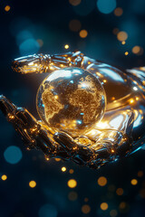 Poster - A metallic robotic hand extends towards a glowing digital globe, reflecting intricate patterns and data