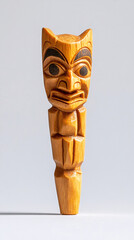 Wall Mural - wooden carved totem pole figure with black eyes and mouth  against a white background