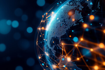Poster - A digital Earth is linked by bright lines, showcasing global connections against a dark background