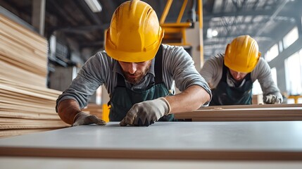 Two hardhat workers wearing protective uniform and inspecting freshly produced gypsum construction boards in an industrial manufacturing workshop or factory